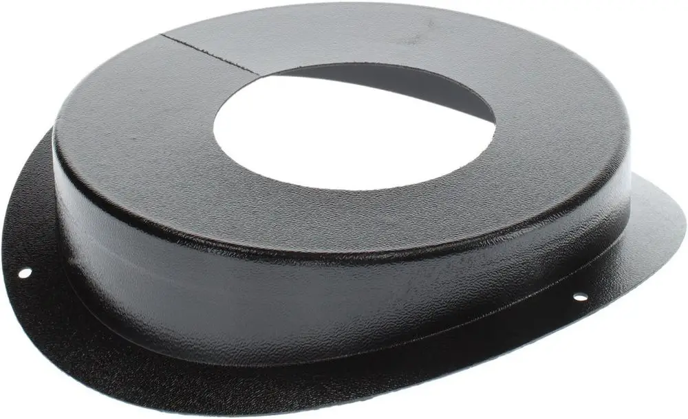 Schwarze Metallverkleidung mit runder Öffnung und Löchern zur Befestigung. Bestandteil eines Bosch-Produkts, wahrscheinlich für eine technische Anwendung.